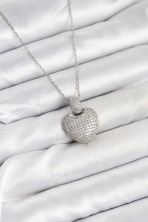 316L Çelik Zincir Gümüş Renk Zirkon Taşlı Kalpli Kadın Kolye