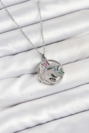 316L Çelik Zincir Gümüş Renk Zirkon Taşlı Kelebekli Kadın Kolye