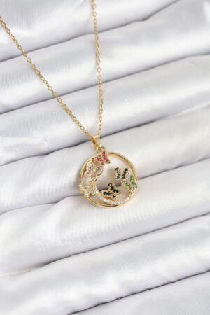 316L Çelik Zincir Gold Renk Zirkon Taşlı Kelebekli Kadın Kolye