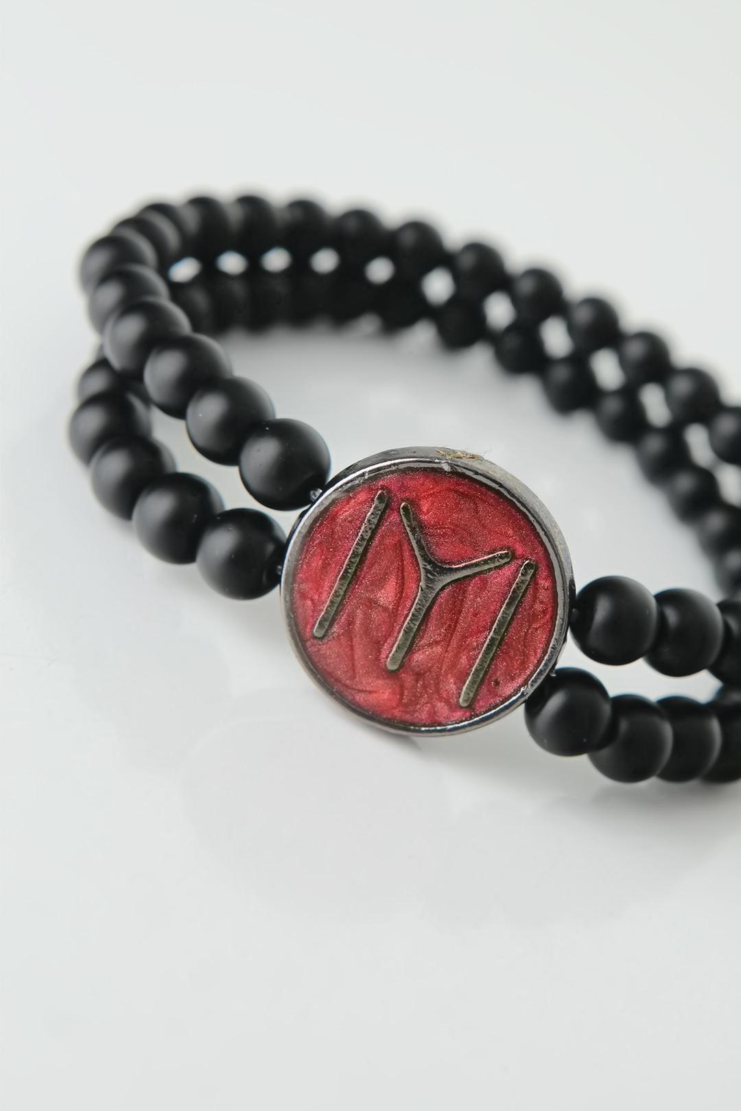 Bordo Metal Üzerine Füme Kayı Boyu Figürlü Siyah Renk Çift Sıra Doğal Taş Erkek Bileklik - Görsel 2