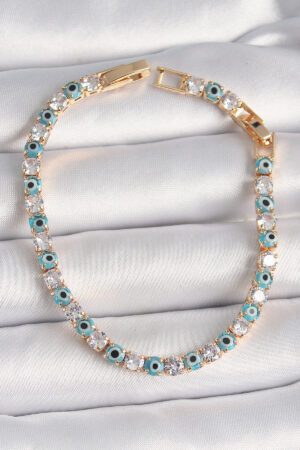 Pirinç Gold Renk Su Yolu Zirkon Taşlı Nazar Boncuklu Kadın Bileklik