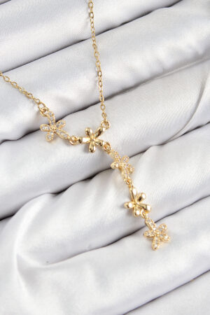 316L Çelik Zirkon Taşlı Çiçek Model Gold Renk Kadın Kolye