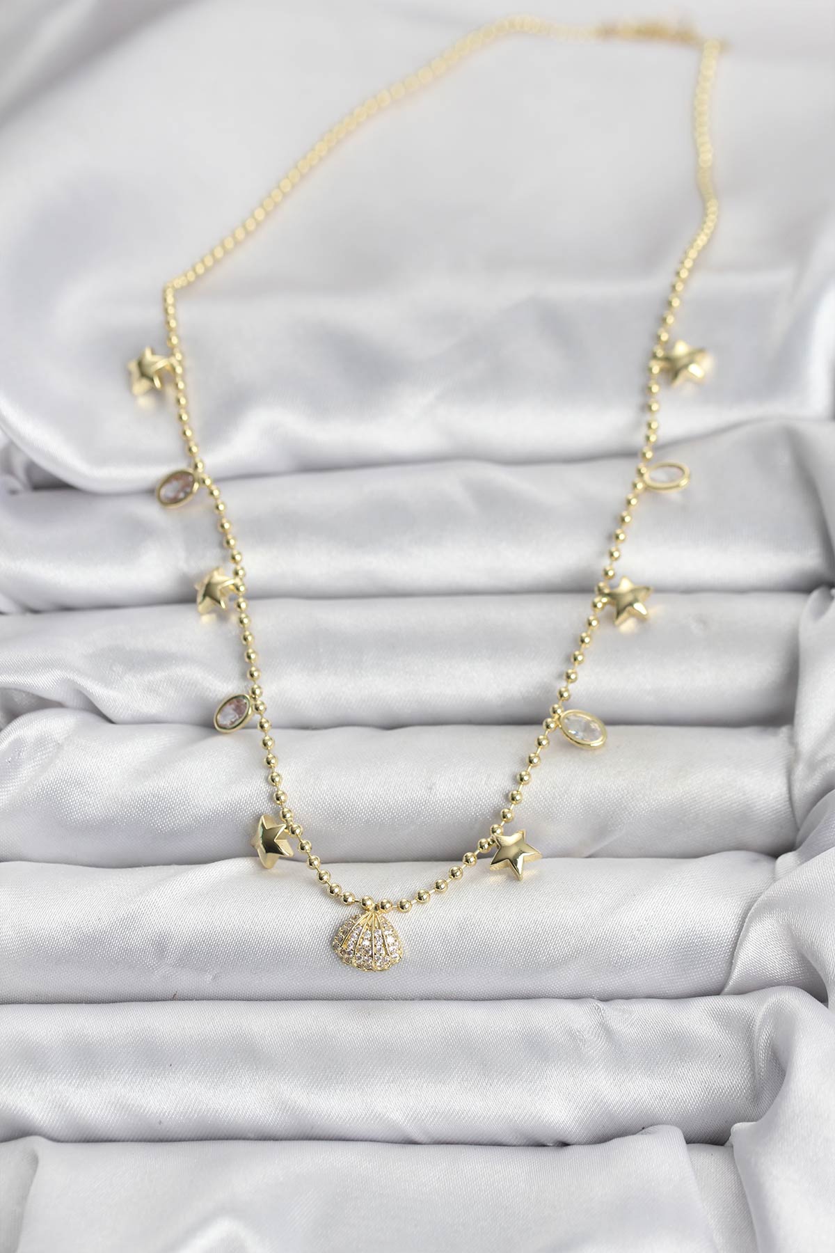 Pirinç Gold Renk Zirkon Taşlı Deniz Kabuğu Model Kadın Kolye - Görsel 2