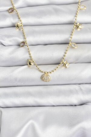 Pirinç Gold Renk Zirkon Taşlı Deniz Kabuğu Model Kadın Kolye