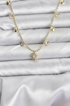Zirkon Taşlı Kutup Yıldızı Model Pirinç Gold Renk Kadın Kolye