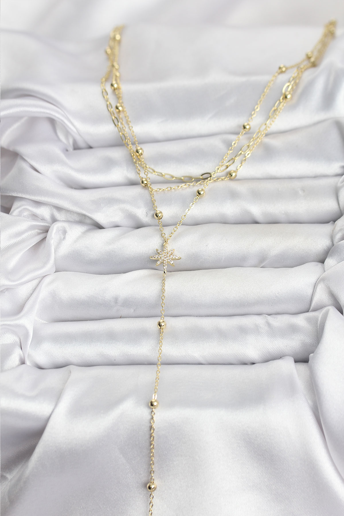 Pirinç Gold Renk Kutup Yıldızı Detaylı 3'lü Kombin Kadın Kolye - Görsel 2