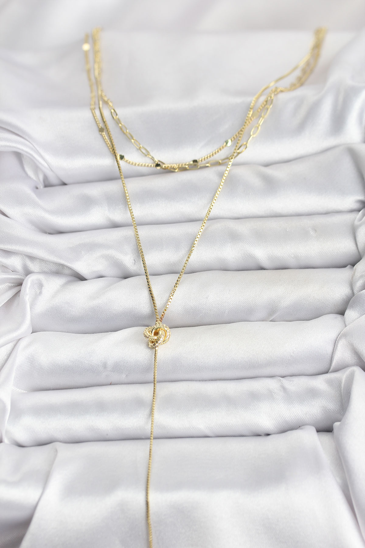 Pirinç Gold Renk Düğüm Model Detaylı 3'lü Kombin Y Kadın Kolye - Görsel 2