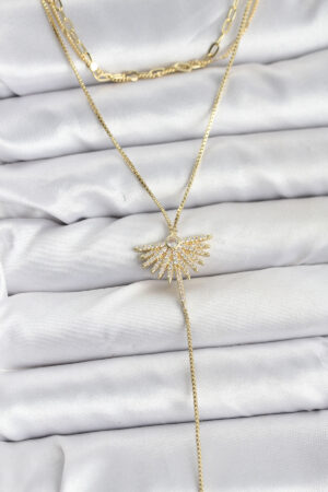 Pirinç Gold Renk Zirkon Taşlı Yelpaze Model Detaylı 3'lü Kombin Y Kadın Kolye