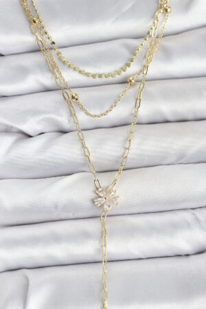 Pirinç Gold Renk Zirkon Taşlı Çiçek Model Detaylı 3'lü Kombin Y Kadın Kolye