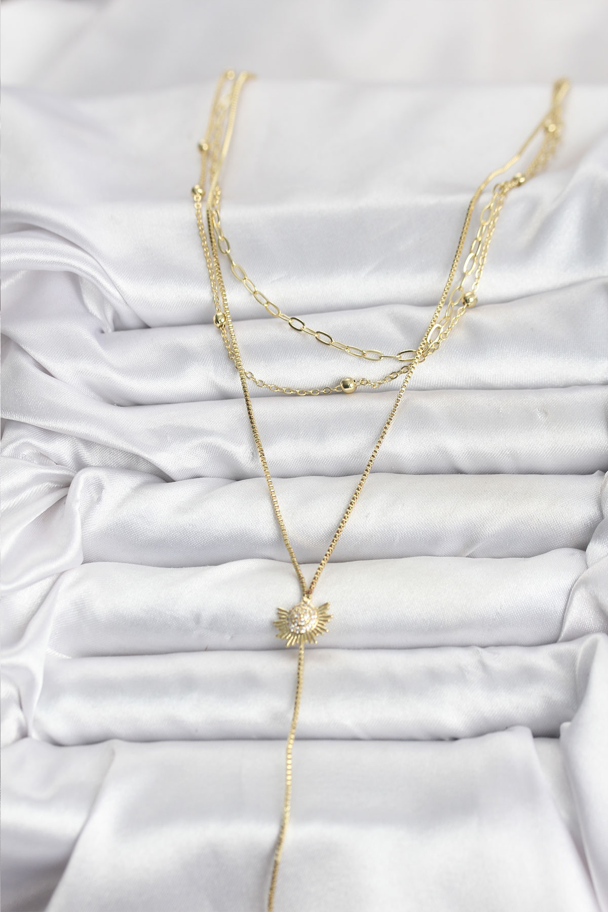 Pirinç Gold Renk Zirkon Taşlı Güneş Model Detaylı 3'lü Kombin Y Kadın Kolye - Görsel 2