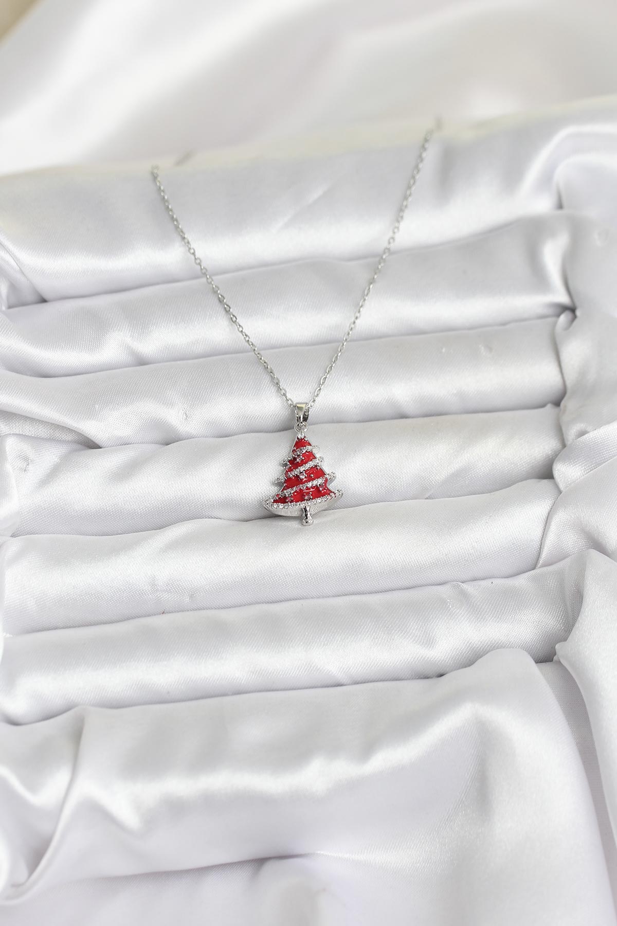 316L Çelik Zincir Gümüş Renk Kırmızı Çam Ağacı Model Yılbaşı Temalı Kadın Kolye - Görsel 2