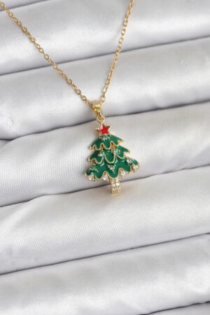 316L Çelik Zincir Gold Renk Çam Ağacı Model Yılbaşı Temalı Kadın Kolye