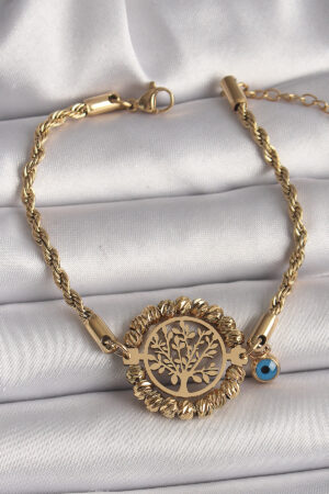 316L Çelik Gold Renk Burgu Zincir Model Dorika Yaşam Ağacı Figür Nazar Boncuk Detay Kadın Bileklik