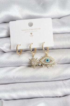 Göz Model Gold Renk Pirinç 3'lü Kadın Küpe Seti