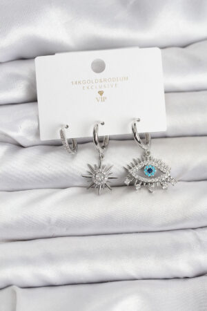 Göz Model Gümüş Renk Pirinç 3'lü Kadın Küpe Seti