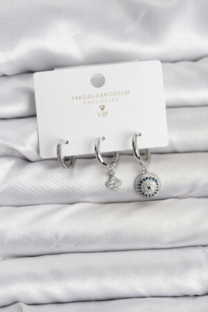 Nazar Model Gümüş Renk Pirinç 3'lü Kadın Küpe Seti