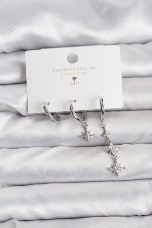 Kutup Yıldızı Model Gümüş Renk Pirinç 3'lü Kadın Küpe Seti