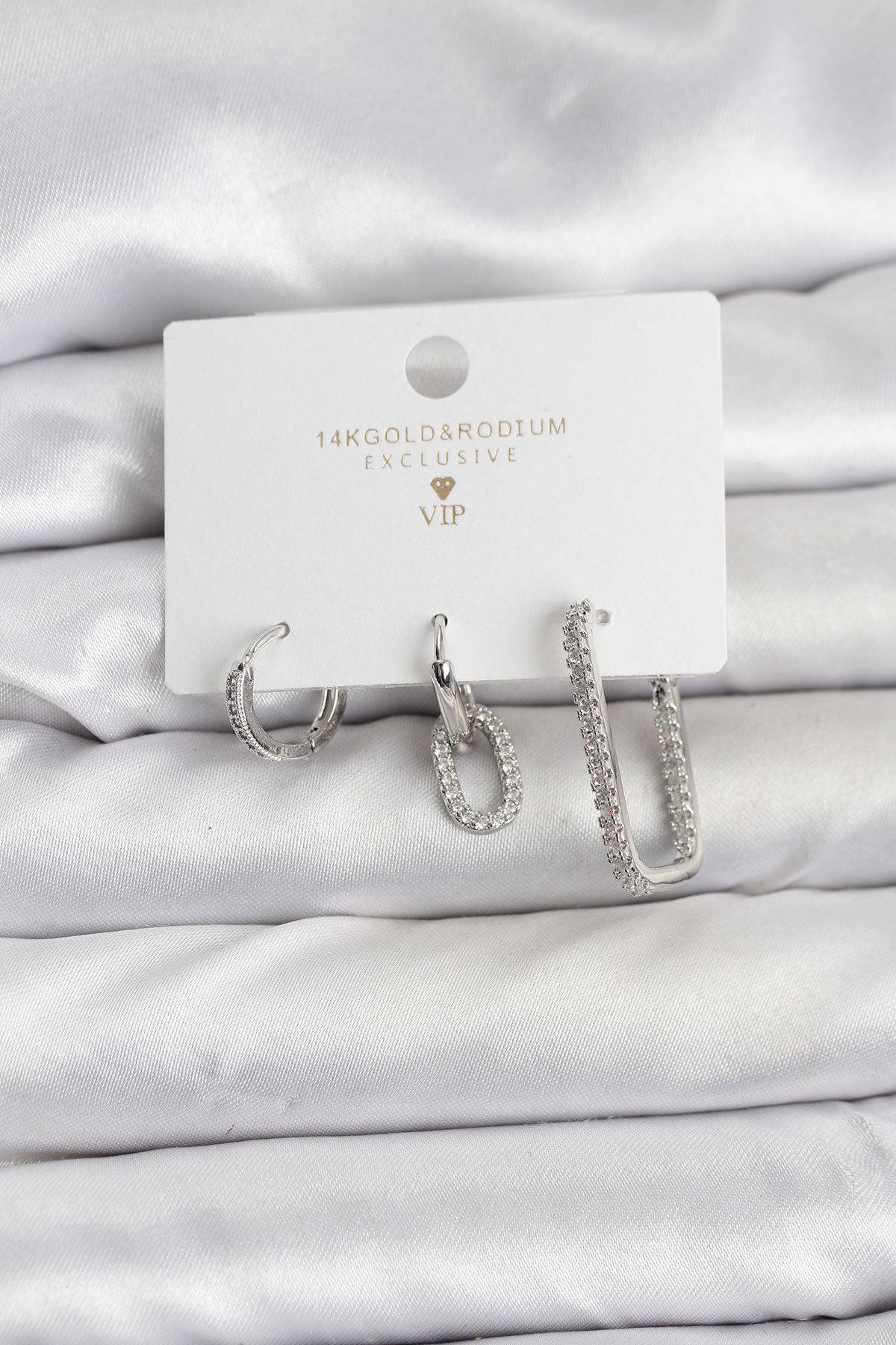 Gümüş Renk Zirkon Taşlı 3'lü Kadın Küpe Seti