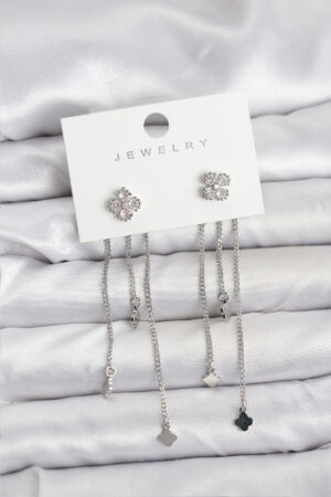 Pirinç Gümüş Renk Yonca Model Sallantılı Kadın Küpe