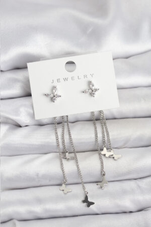 Kelebek Model Gümüş Renk Pirinç Sallantılı Kadın Küpe