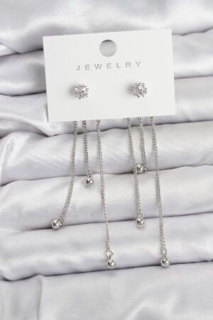 Topçuk Model Gümüş Renk Pirinç Sallantılı Kadın Küpe Seti