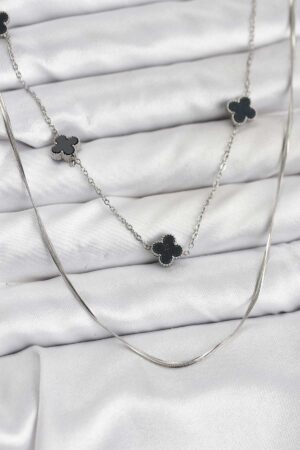 316L Çelik Zincir Gümüş Renk İtalyan Zincirli Siyah Yonca Model Kadın Kolye