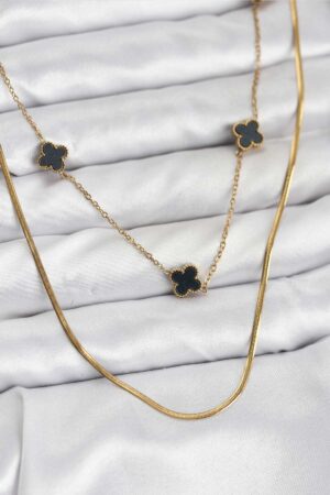 316L Çelik Zincir Gold Renk İtalyan Zincirli Siyah Yonca Model Kadın Kolye