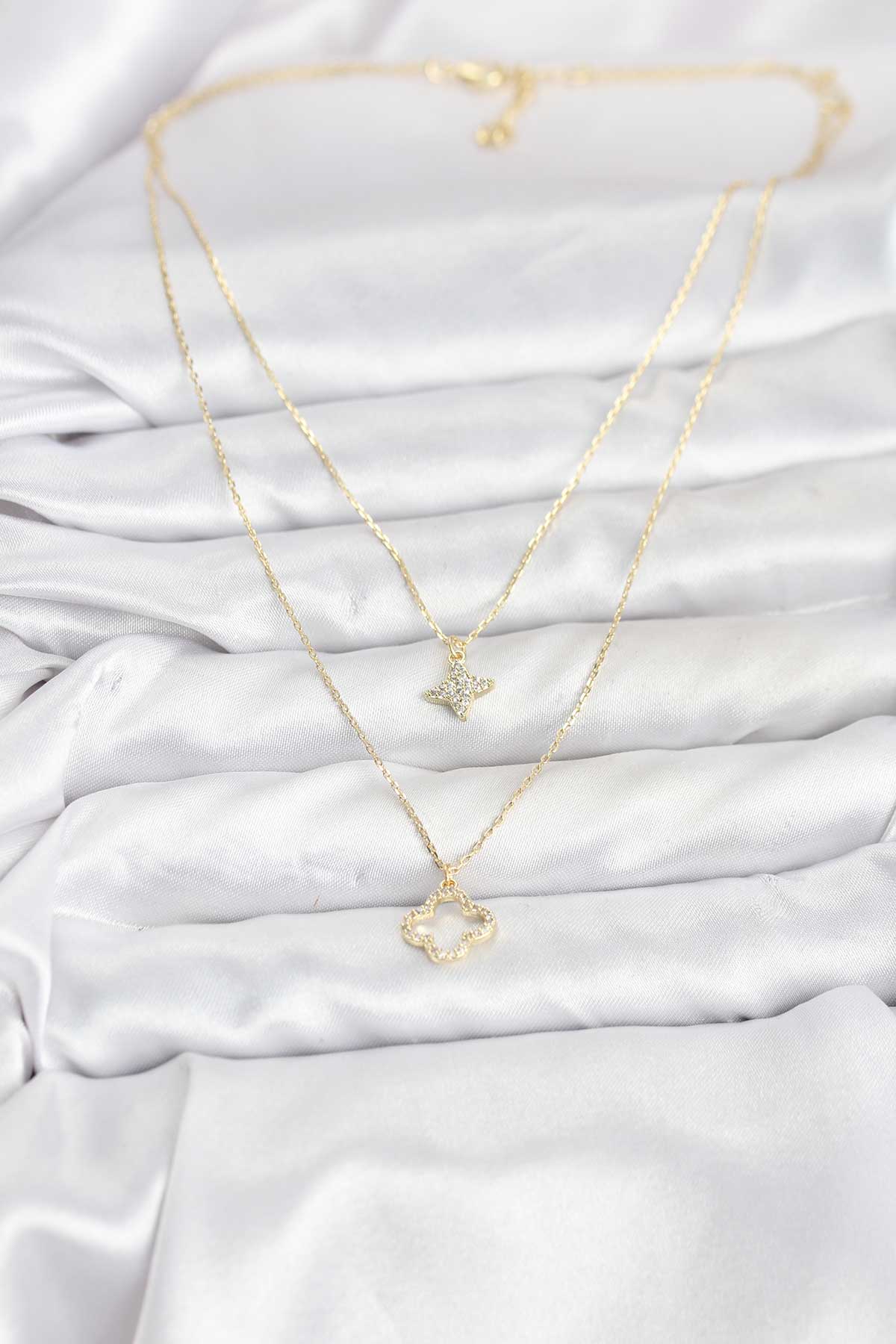 Pirinç Gold Renk Yonca Model 2'li Kadın Kolye - Görsel 2