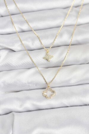 Pirinç Gold Renk Yonca Model 2'li Kadın Kolye