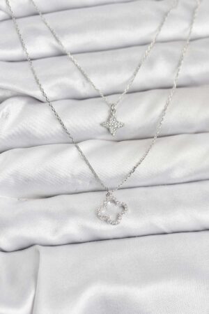 Pirinç Gümüş Renk Yonca Model 2'li Kadın Kolye
