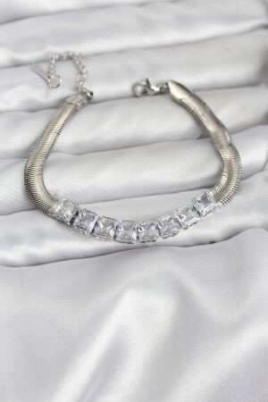 316L Çelik Gümüş Renk Kare Zirkon Taşlı Yılan Zincirli Kadın Bileklik