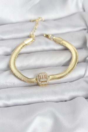 316L Çelik Gold Renk Baget Zirkon Taşlı Yılan Zincirli Kadın Bileklik