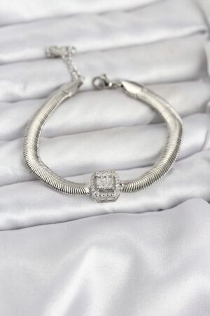 316L Çelik Gümüş Renk Baget Zirkon Taşlı Yılan Zincirli Kadın Bileklik