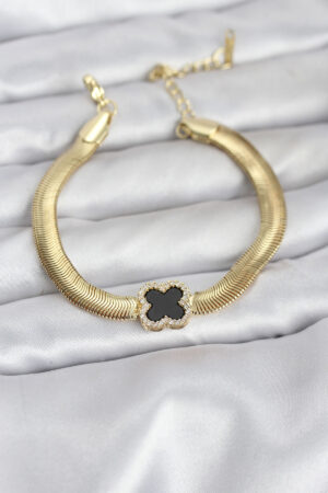 316L Çelik Gold Renk Siyah Yonca Model Zirkon Taşlı Yılan Zincirli Kadın Bileklik