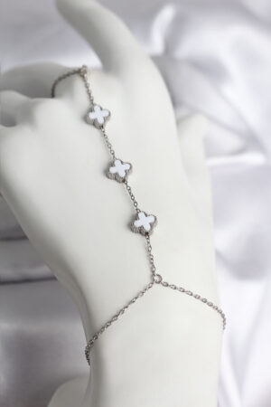 316L Çelik Gümüş Renk Beyaz Yonca Model Kadın Şahmeran