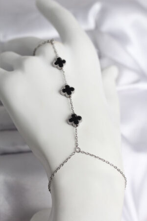 316L Çelik Gümüş Renk Siyah Yonca Model Kadın Şahmeran