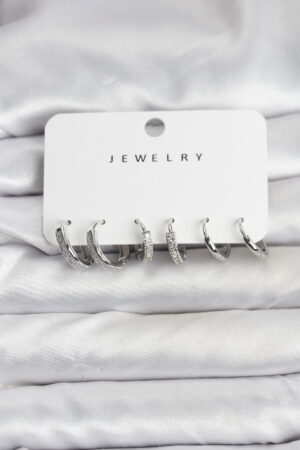 Zirkon Taşlı Gümüş Renk Pirinç Kadın Küpe Seti