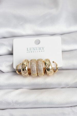 Zirkon Taşlı Pirinç Gold Renk Halka Kadın Küpe Seti