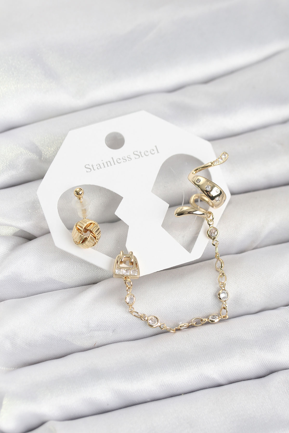 Pirinç Gold Renk Yılan Model Zincir Bağlantılı Ear Cuff Küpe Seti