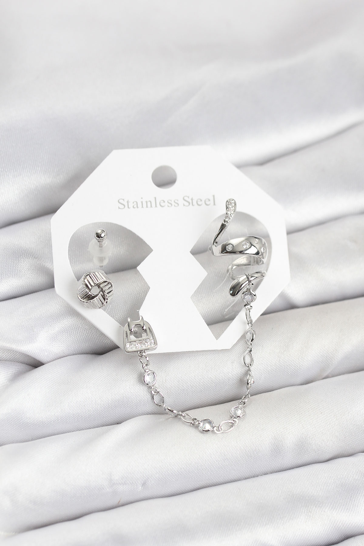 Pirinç Gümüş Renk Yılan Model Zincir Bağlantılı Ear Cuff Küpe Seti