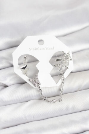 Pirinç Gümüş Renk Kelebek Model Zincir Bağlantılı Ear Cuff Küpe Seti