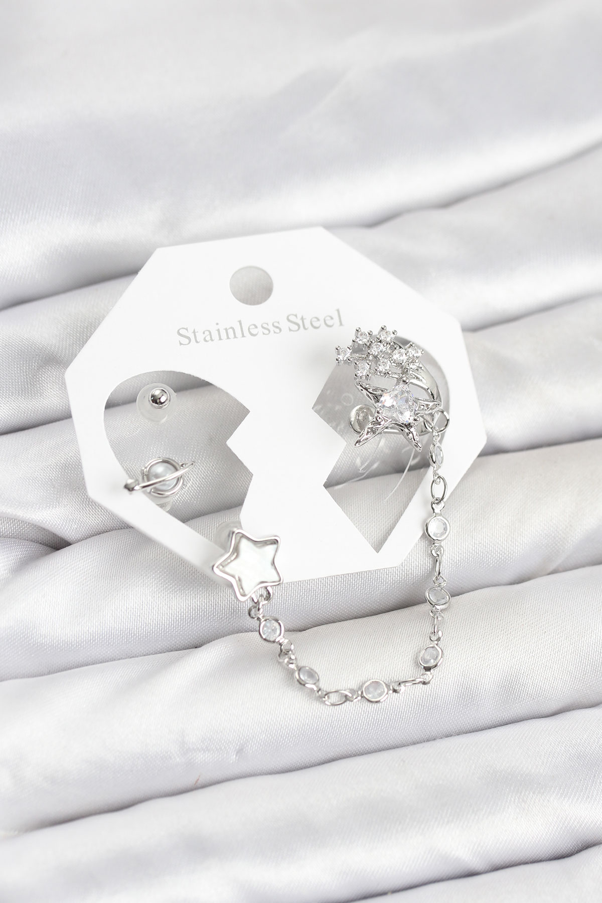 Pirinç Gümüş Renk Yıldız Model Zincir Bağlantılı Ear Cuff Küpe Seti