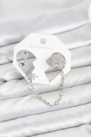 Kutup Yıldızı Model Pirinç Gümüş Renk Zincir Bağlantılı Ear Cuff Küpe Seti