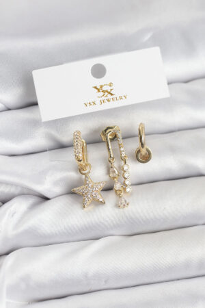 Pirinç Gold Renk Zirkon Taşlı Yıldız Vintage Model YSX Trio Küpe Seti