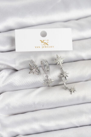 Pirinç Gümüş Renk Zirkon Taşlı Kutup Yıldızı Model YSX Trio Küpe Seti