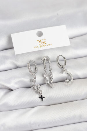 Pirinç Gümüş Renk Zirkon Taşlı Uzay Model YSX Trio Küpe Seti