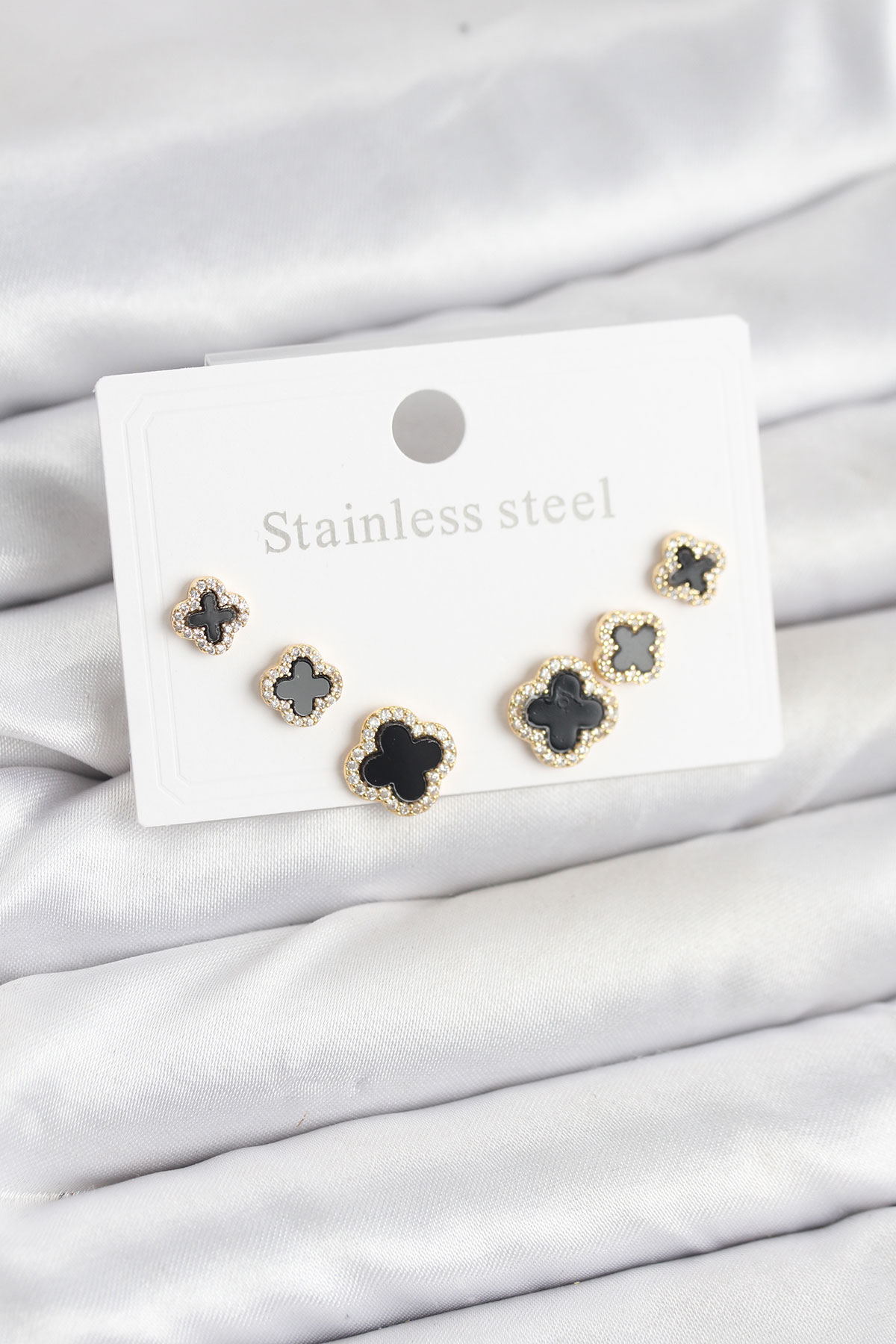 316L Çelik Zirkon Taşlı Yonca Model Kadın Küpe Seti