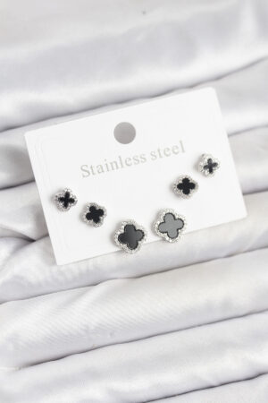 316L Çelik Gümüş Renk Zirkon Taşlı Yonca Model Kadın Küpe Seti