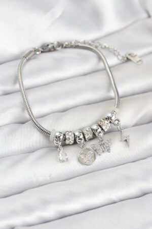 Pirinç Gümüş Renk Kelebek Charmlı Kadın Bileklik