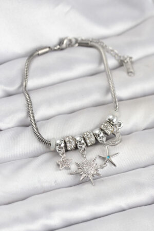 Pirinç Gümüş Renk Güneş Tema Charmlı Kadın Bileklik